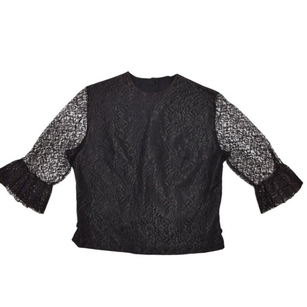Vintage Lace Shirt Womens Small Black Sheer Ruffle Sleeve Floral Goth Button Up